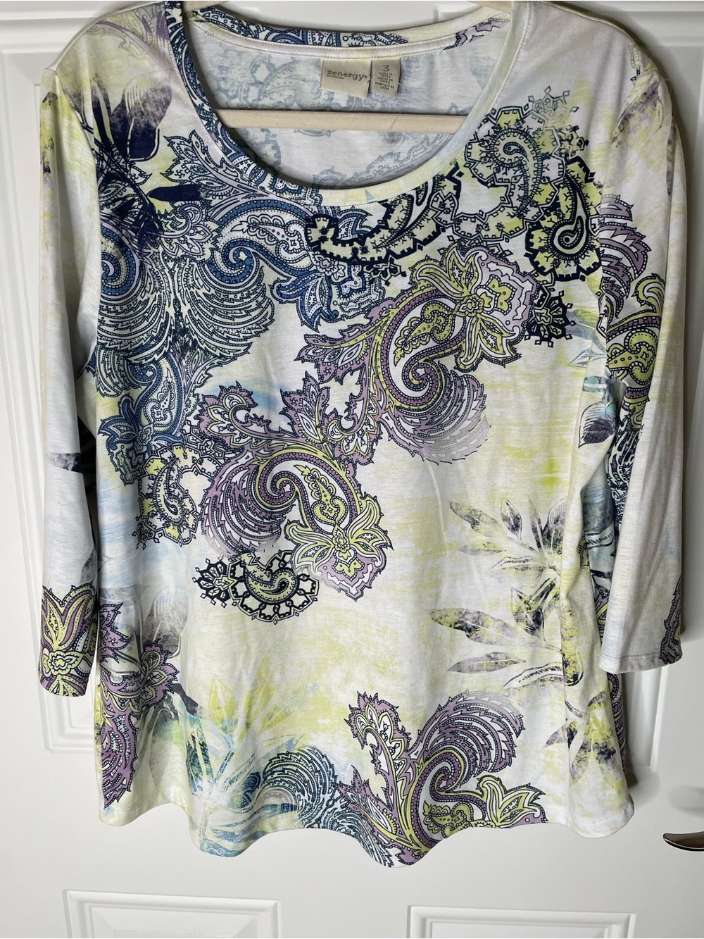 Chico's Scoop Neck Paisley Tunic - White, Blue, Purple, Lime Size 3 / XL
